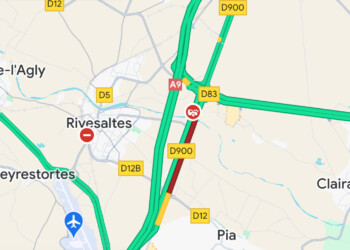 Accident sur la D900 entre Pia et Claira perturbe la circulation